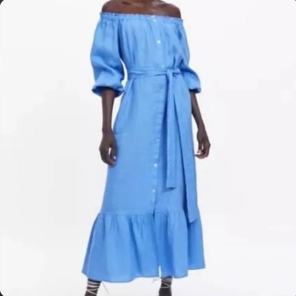 NWT Zara Blue Linen Oversized Dress. Size M.